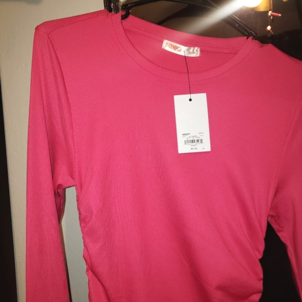 Bright Pink Long Sleeve Ruched Dress | Sz S - Picture 2 of 4